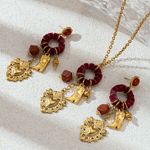 Heart Stainless Steel Waterproof Velvet Circle Gold Color Natural Stone Necklace Set h5 Picture2