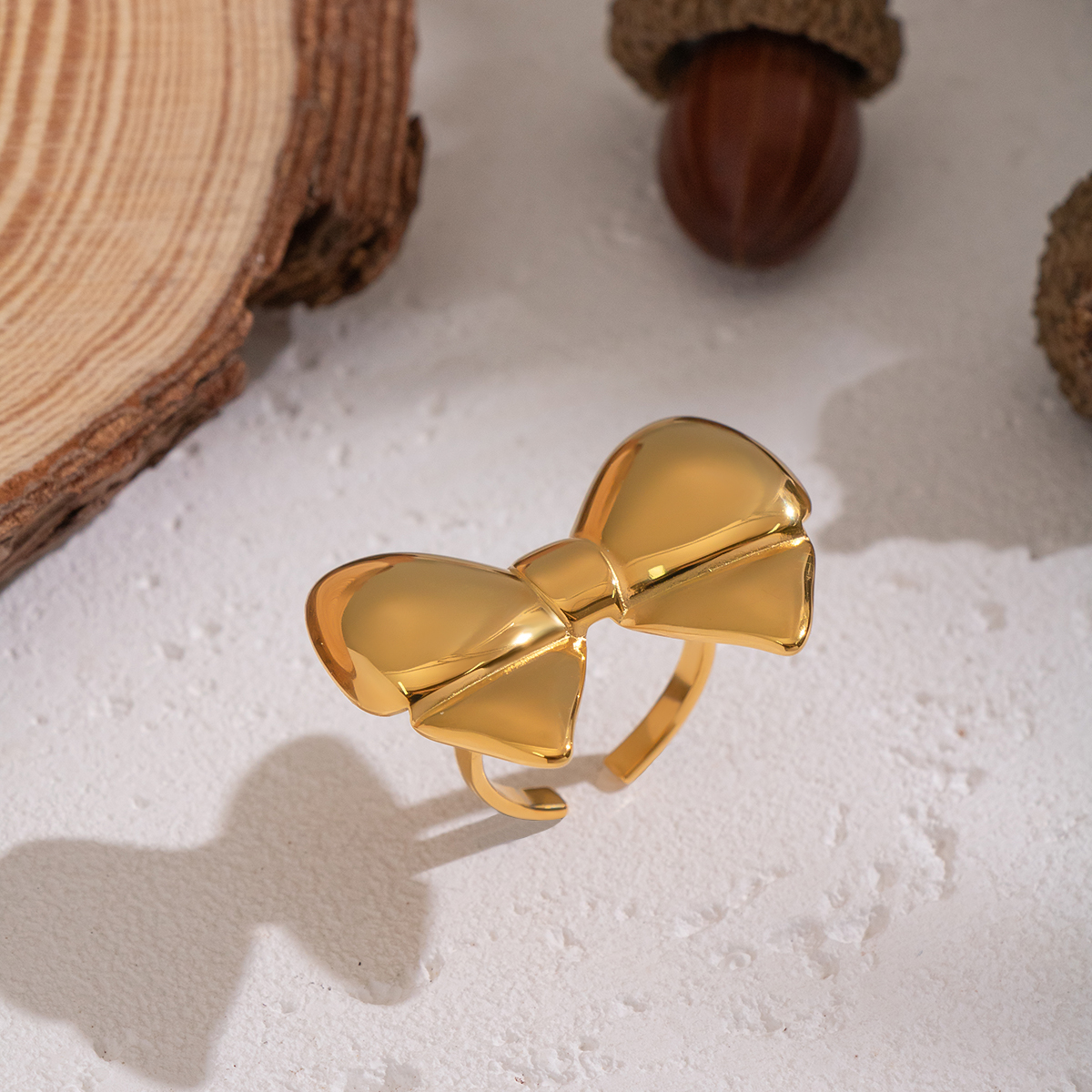 1 Piece Sweet Bow Knot Stainless Steel Waterproof Gold Color Statement Ring