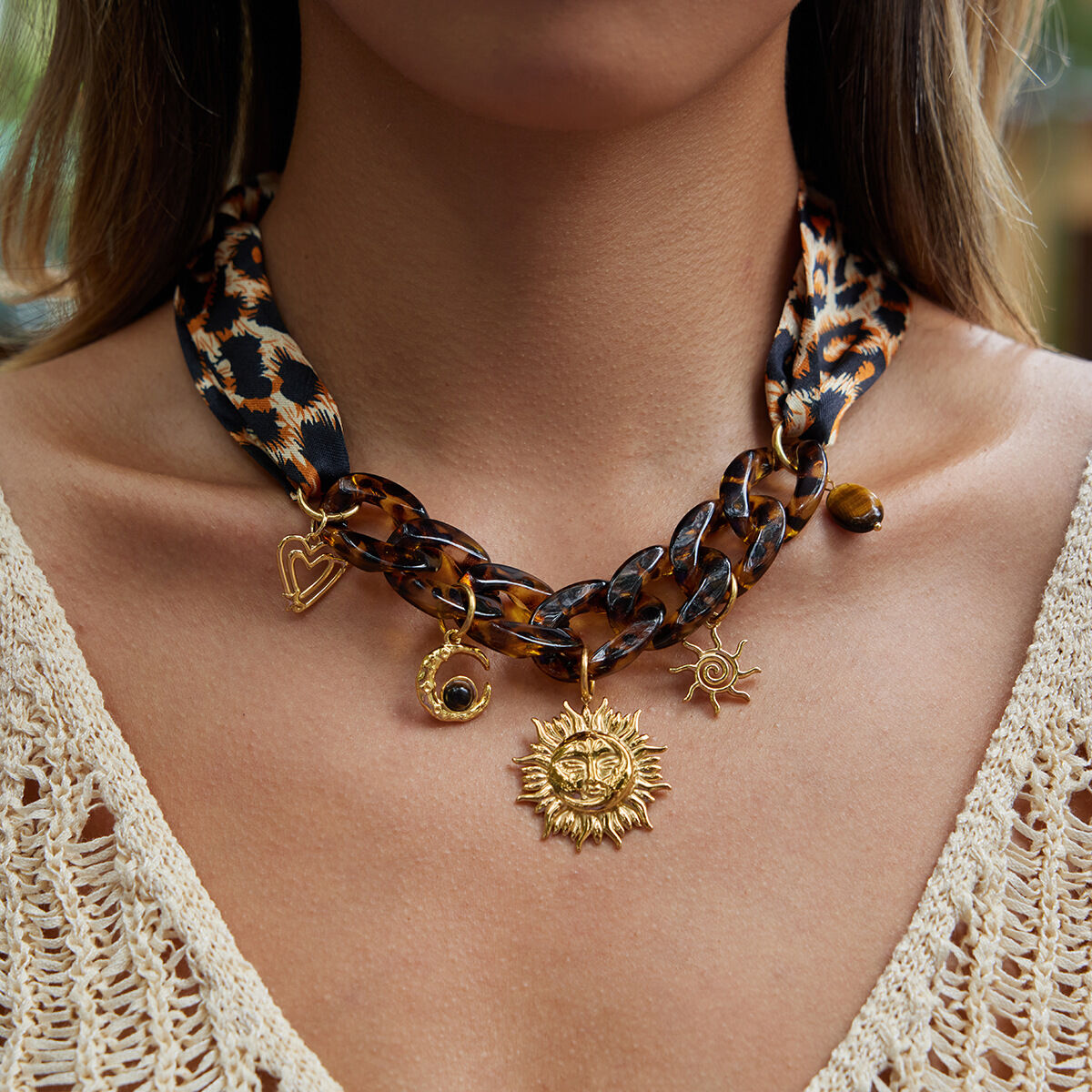 1 Piece Designable Sun Leopard Print Stainless Steel Waterproof Gold Color Acrylic Women's Pendant Necklaces