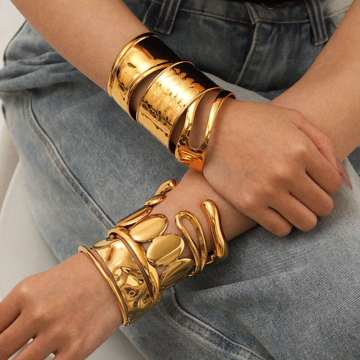 1 Piece Irregular Shape Stainless Steel Waterproof Gold Color Cuff Bracelet 2