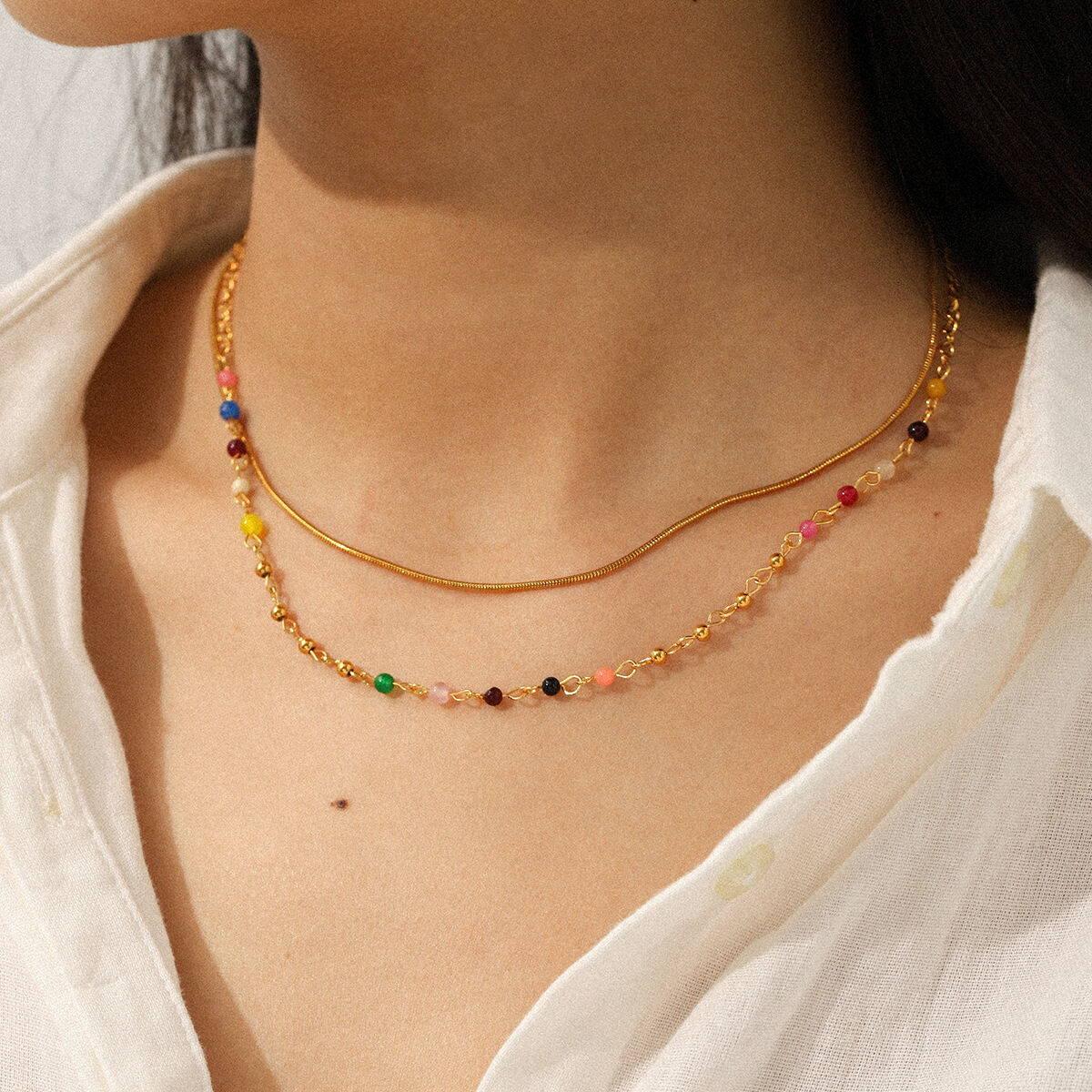 1 Piece Simple Beads Stainless Steel Waterproof Gold Color Layered Necklace h5 Picture5