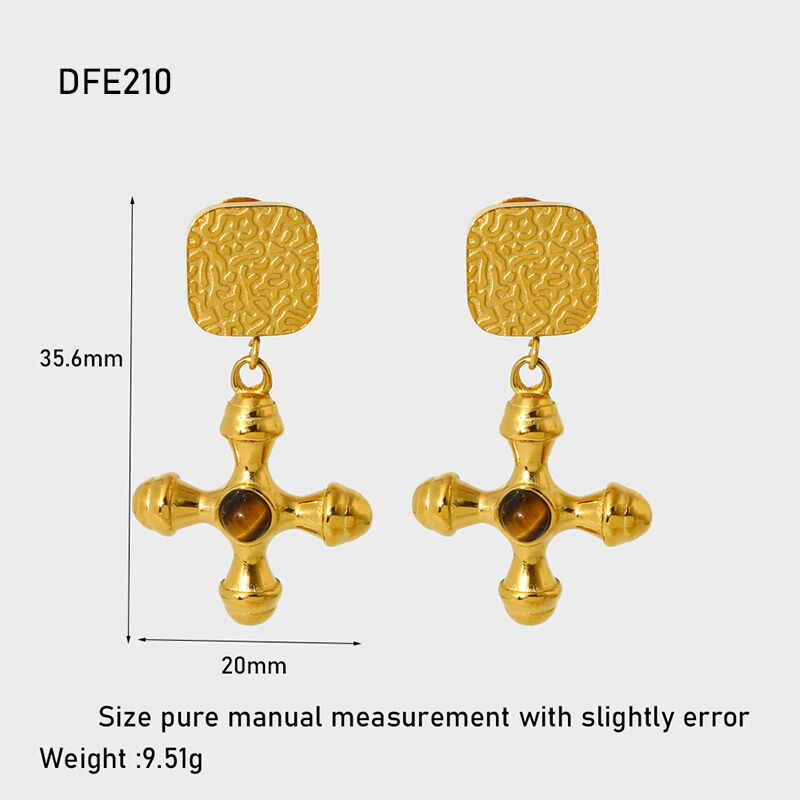 1 Pair Retro Cross Stainless Steel Waterproof Gold Color Natural Stone Drop Earrings h5 