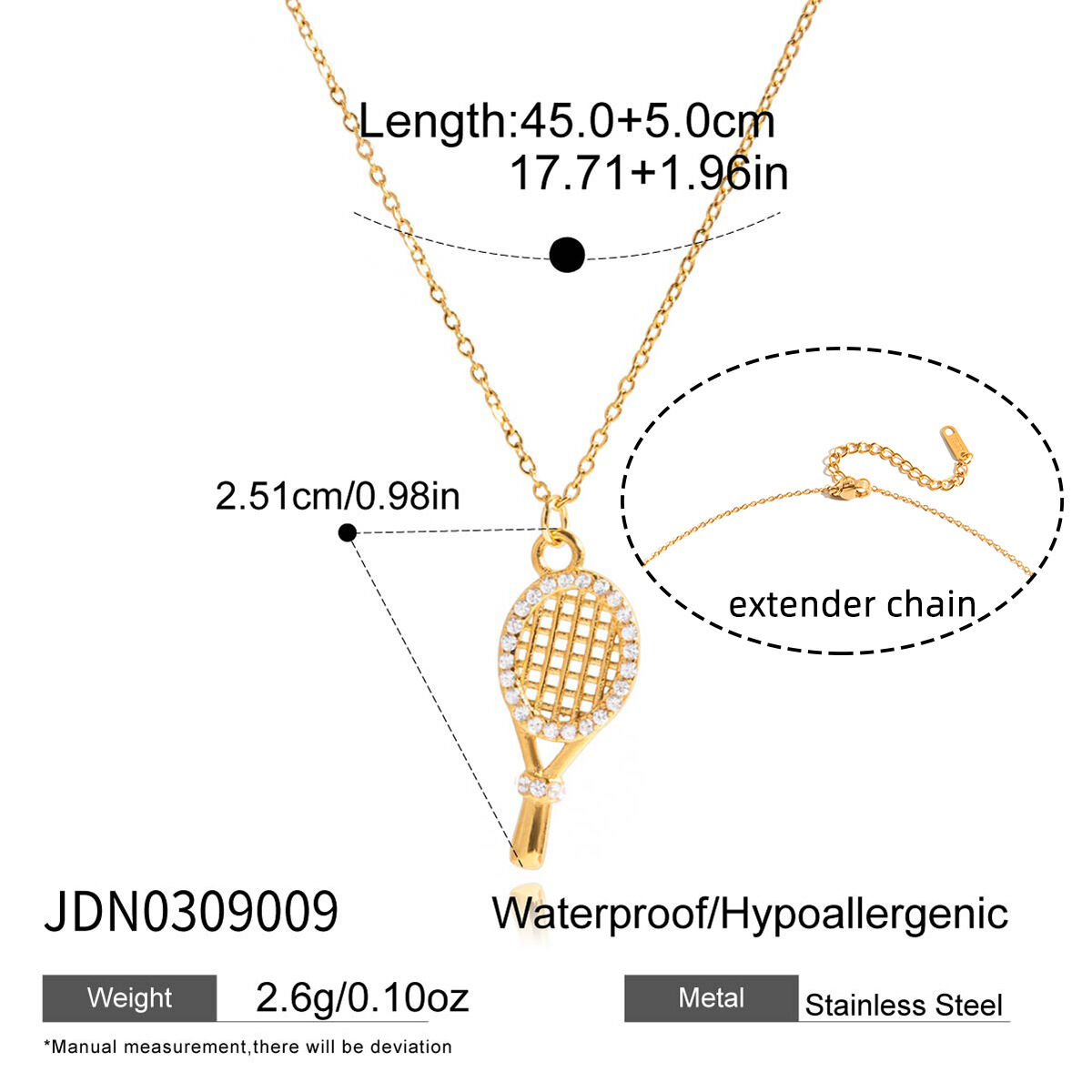 1 Piece Tennis Racket Stainless Steel Waterproof Gold Color Zircon Women's Pendant Necklaces h5Picture2