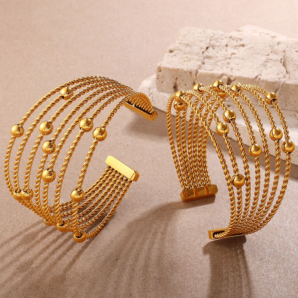 1 Piece Retro Multi-layered Twisted Pattern Stainless Steel Waterproof Gold Color Cuff Bracelet