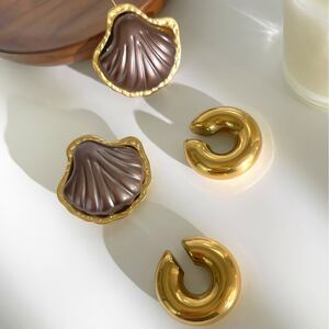 1 Pair Shell Stainless Steel Waterproof Gold Color Acrylic Earring Set h5 Picture4
