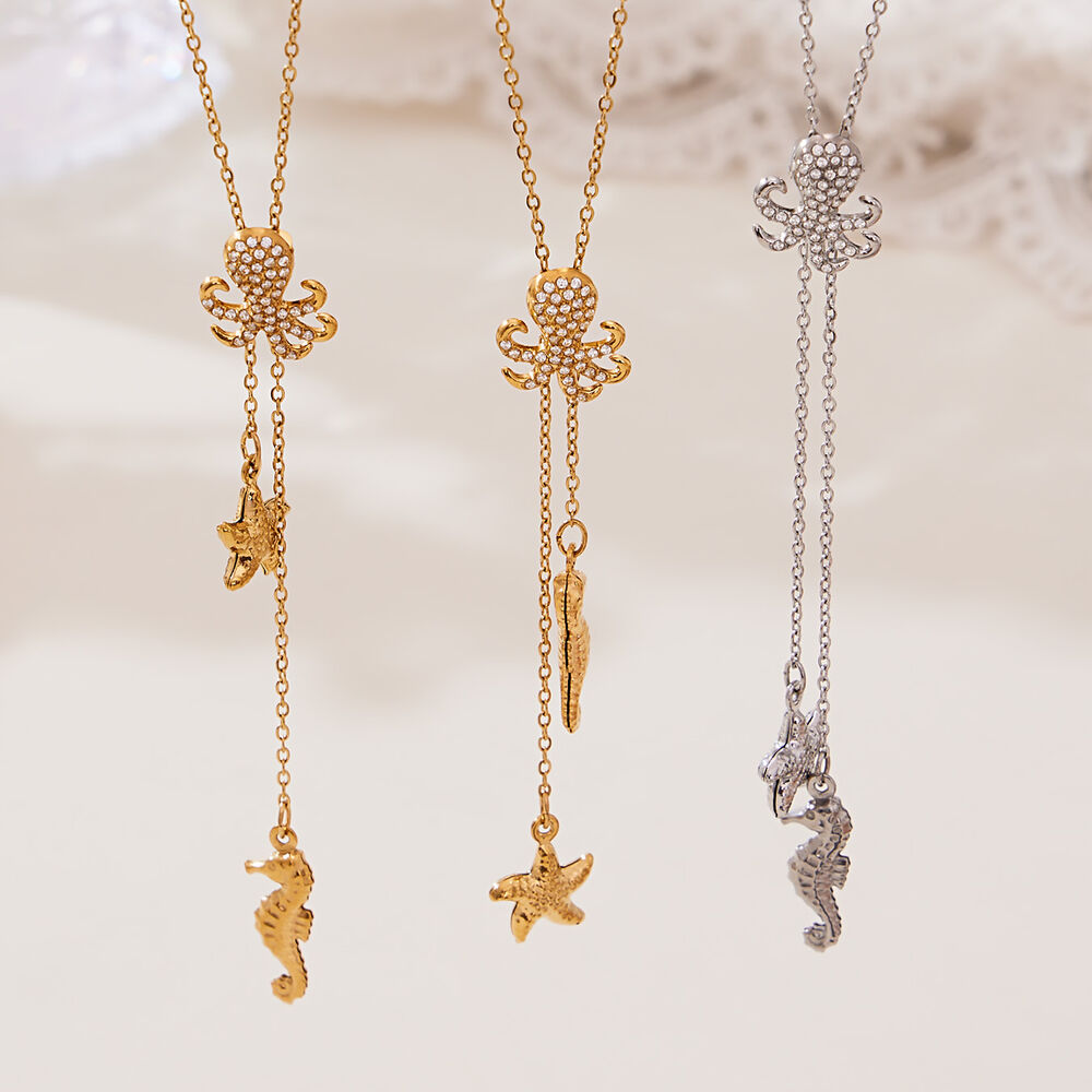 1 Piece Marine Series Stainless Steel Waterproof Gold Color Zircon Women's Pendant Necklaces Picture3