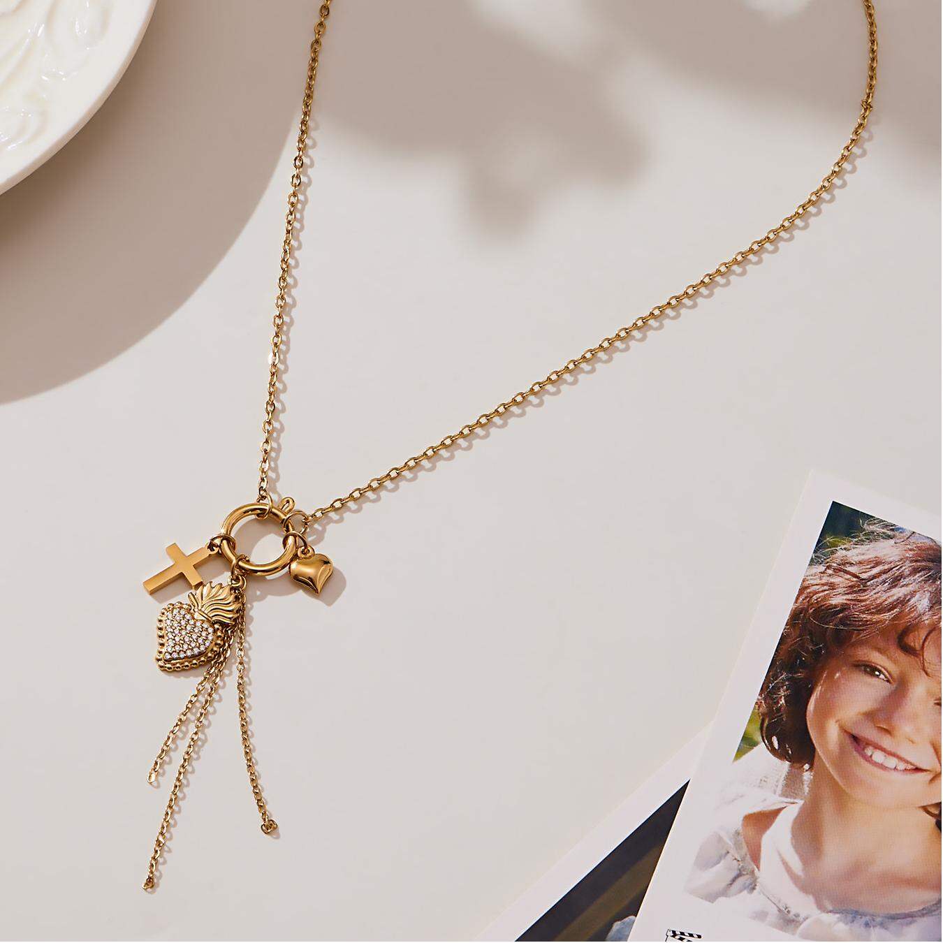 1 Piece Heart Tassel Stainless Steel Waterproof Gold Color Zircon Women's Pendant Necklaces Picture5
