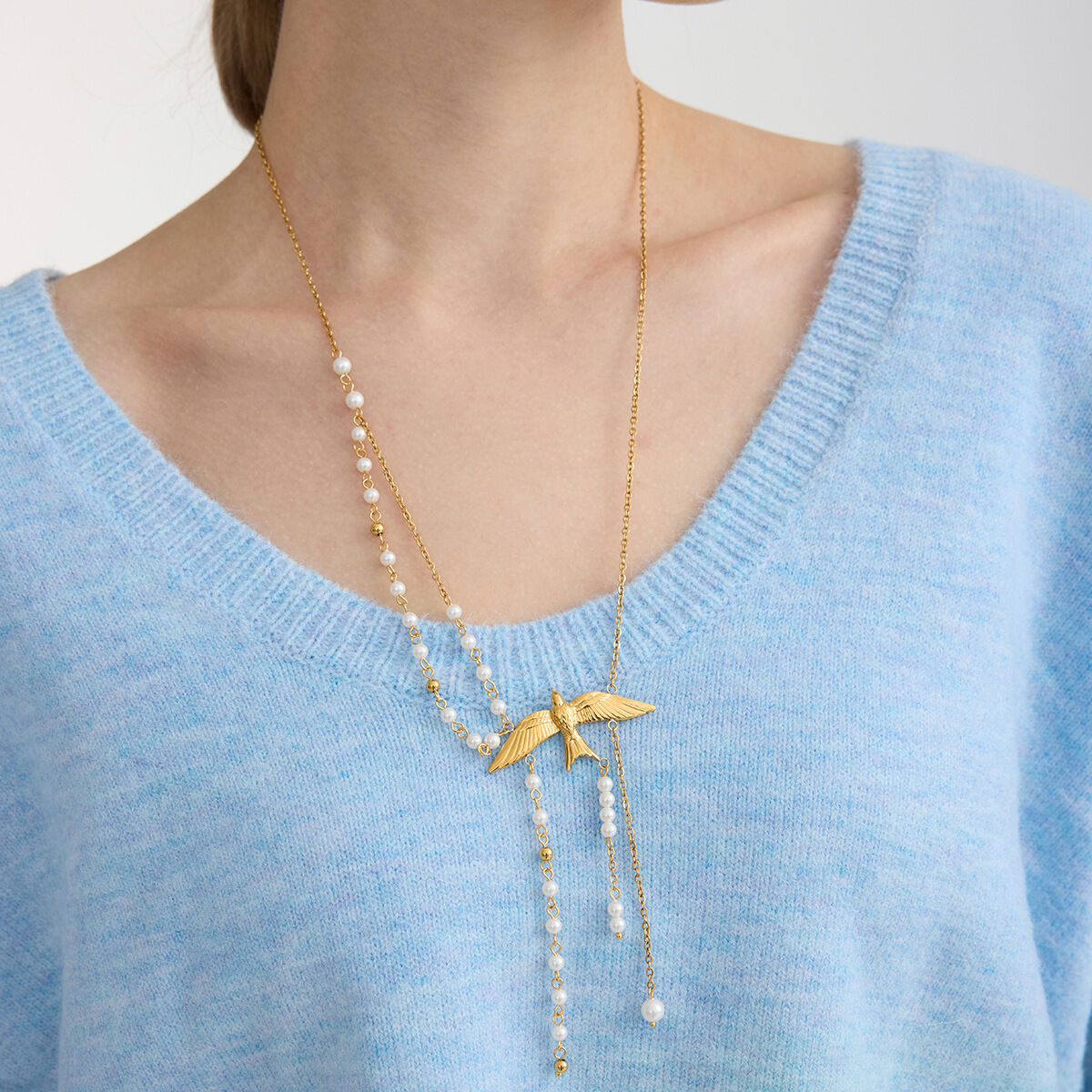 1 pezzo elegante collana con ciondolo a forma di uccelli in acciaio inossidabile impermeabile color oro da donna h5 Immagine4