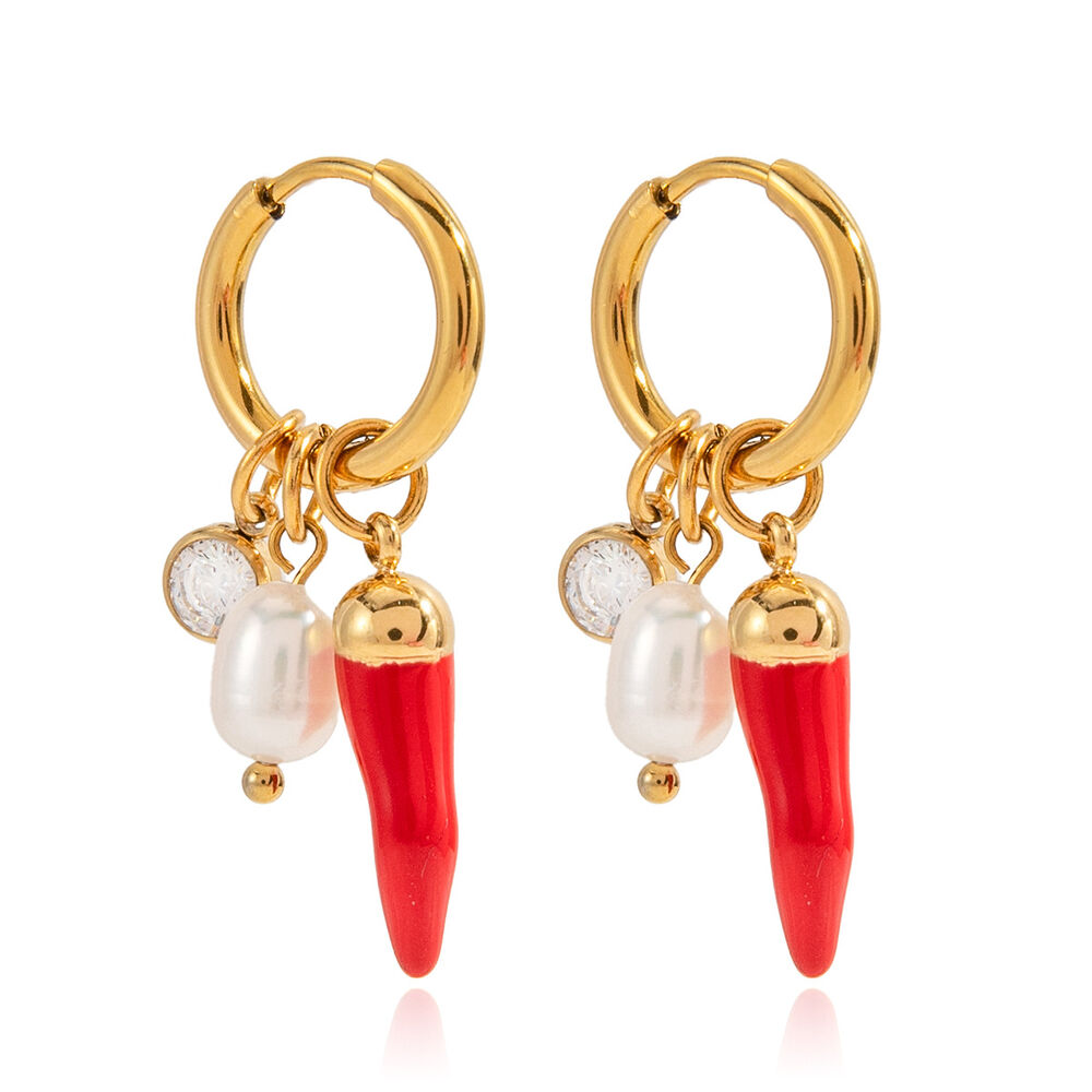 1 par de pendientes colgantes clásicos de acero inoxidable con chile rojo, resistentes al agua y color dorado para mujer.