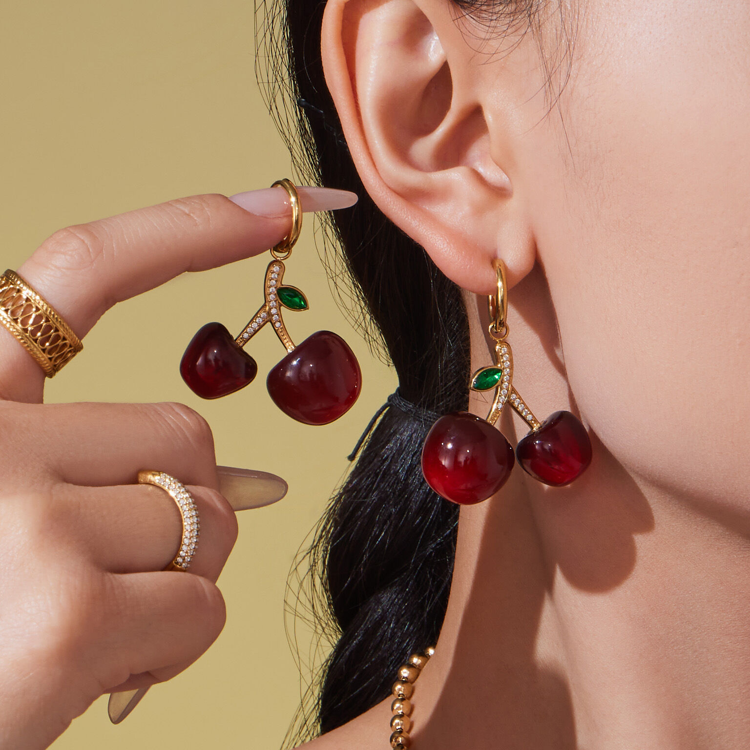 Sweet Cherry Stainless Steel Waterproof Gold Color Zircon Women's Jewelry Sets 2