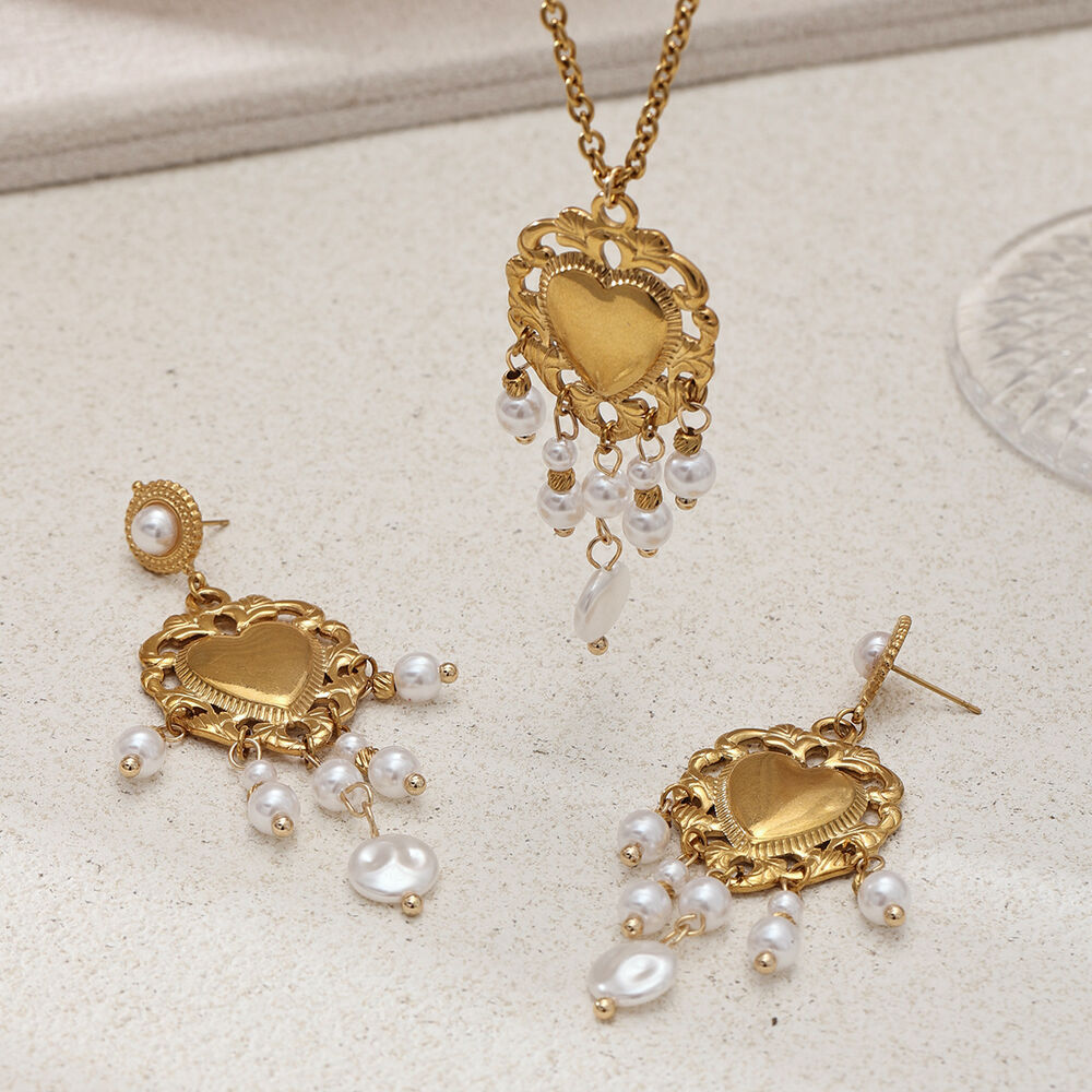 Heart Stainless Steel Waterproof Gold Color Tassel Pearl Necklaces Set Picture3
