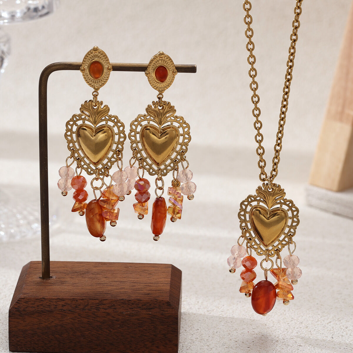 Heart Stainless Steel Waterproof Gold Color  Crystal Tassel Natural Stone Necklace Set