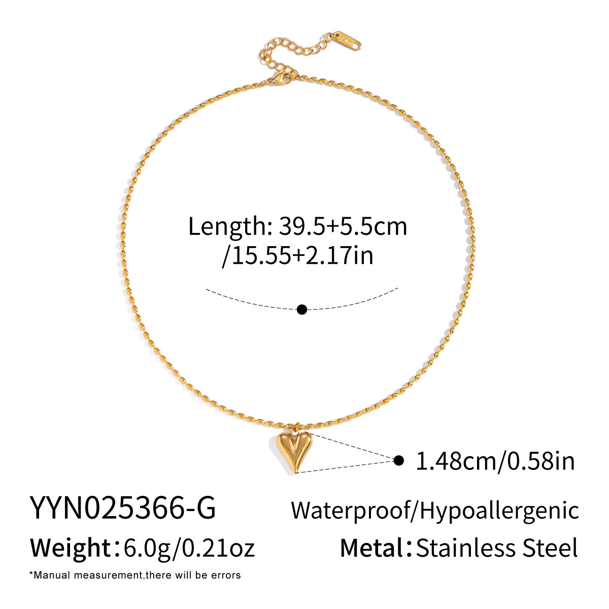 1 Piece Heart Stainless Steel Waterproof Gold Color Pendant Necklace