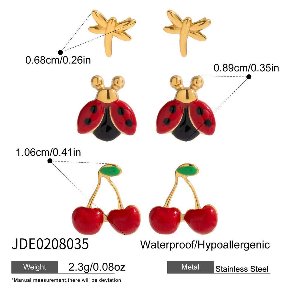 1 Set Vivid Cherry Stainless Steel Waterproof Gold Color Women's Earring Sets h5Picture2
