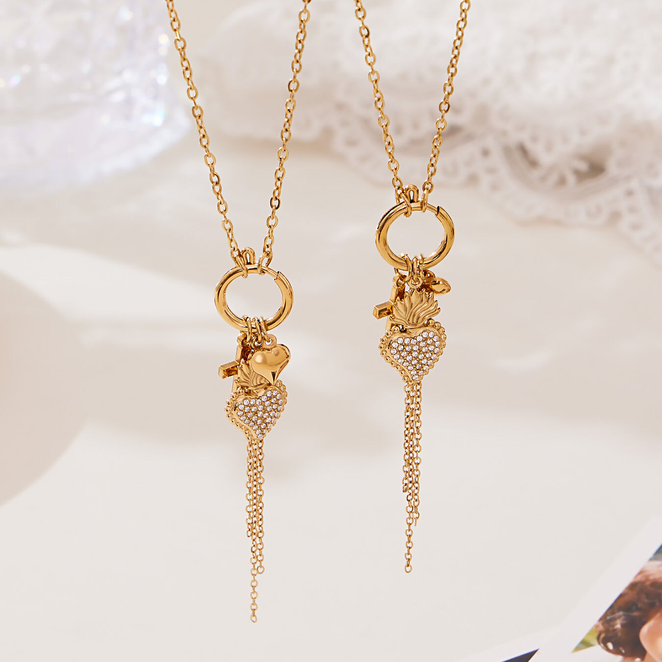 1 Piece Heart Tassel Stainless Steel Waterproof Gold Color Zircon Women's Pendant Necklaces h5 Picture3