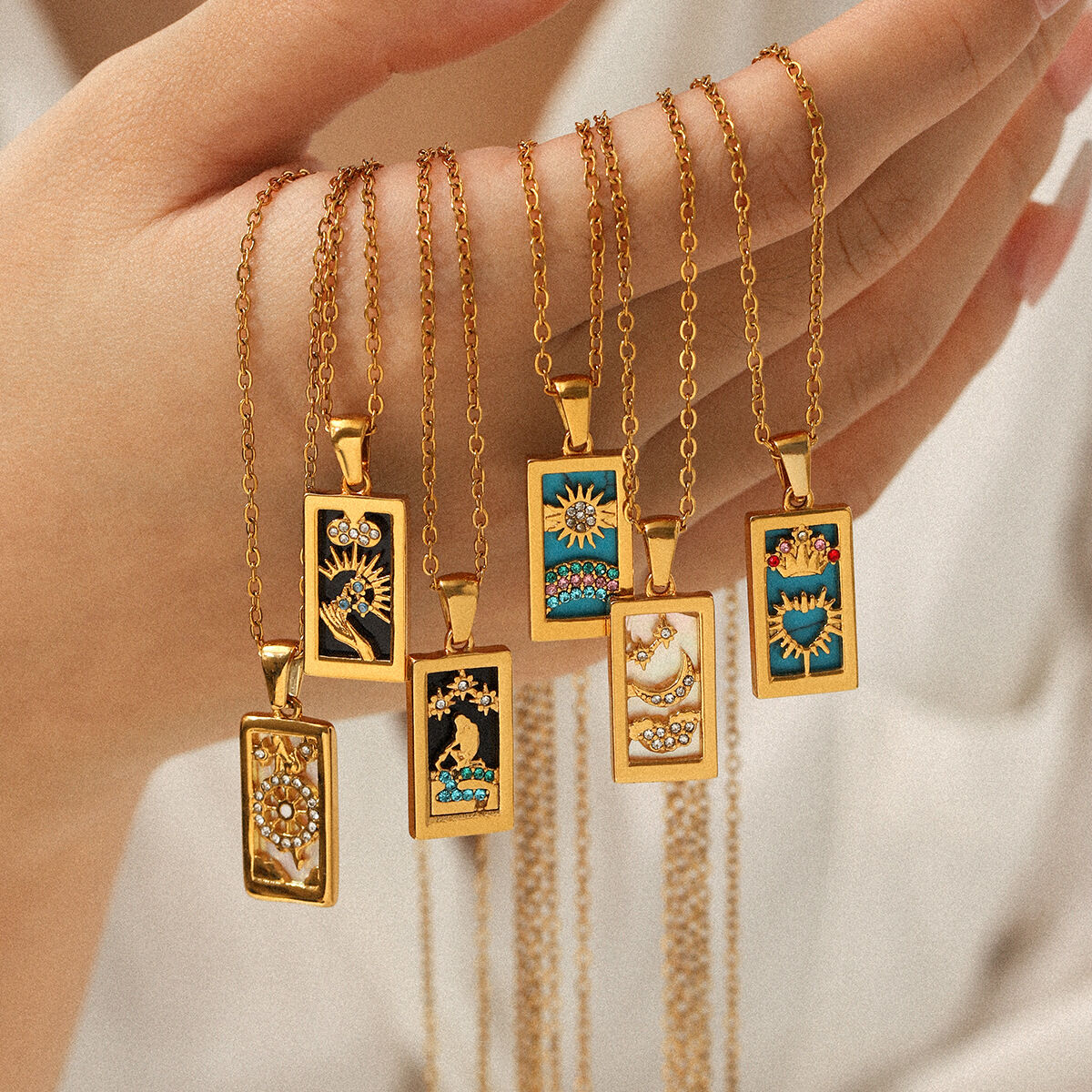 Tarot Stainless Steel Waterproof Gold Color Zircon Pendant Necklace