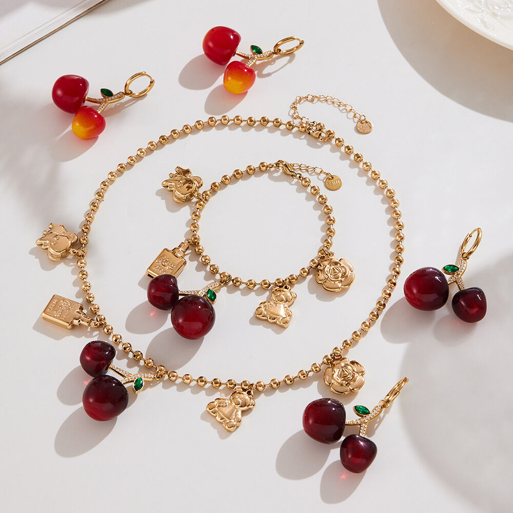 Sweet Cherry Stainless Steel Waterproof Gold Color Zircon Women's Jewelry Sets h5 Picture4