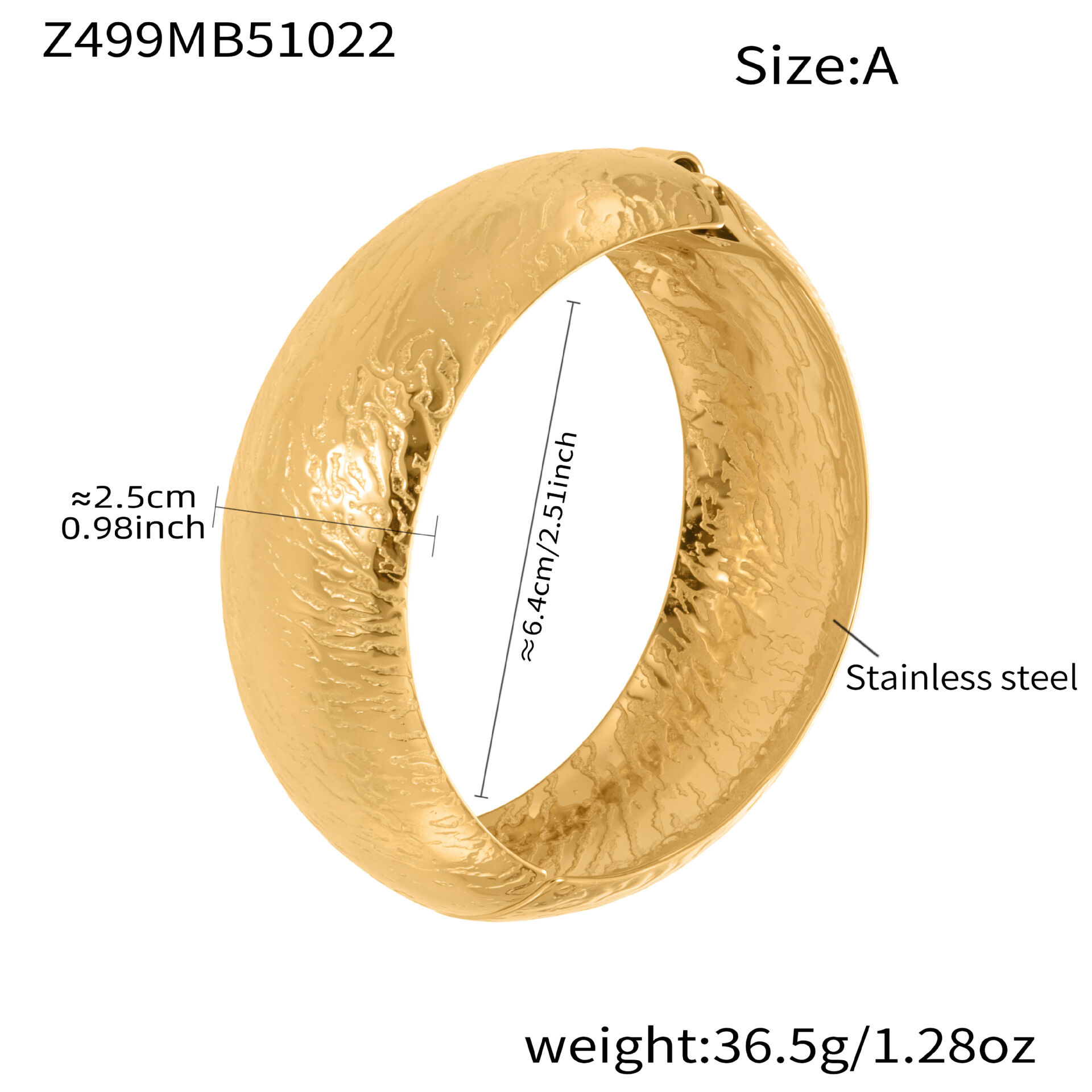 1 Piece Simple Hammered Pattern Stainless Steel Waterproof Gold Color Women's Bangles h5 