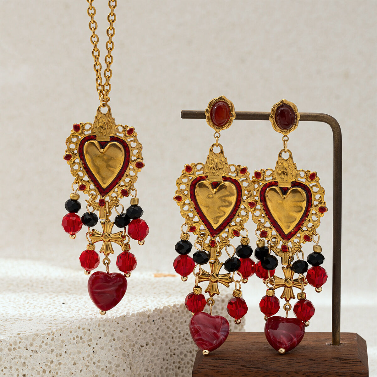 Retro Heart Stainless Steel Waterproof Gold Color Crystal Tassel Natural Stone Necklace Set