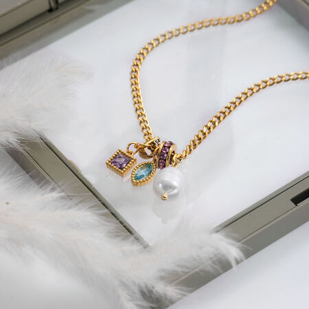 1 Piece Polychrome Rectangle Stainless Steel Waterproof Gold Color Zircon Women's Pendant Necklaces 2