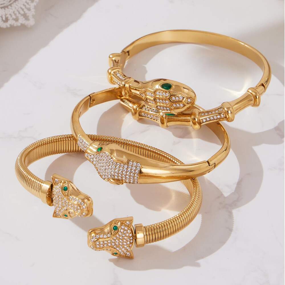 1 Piece Luxurious Leopard&Snake Titanium Steel Gold Color Zircon Women's Bangles Picture5