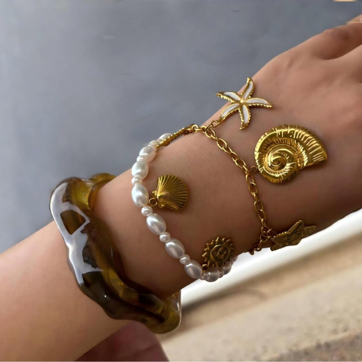 Edelstahl, wasserdicht, goldfarbenes Acryl-Armband-Set