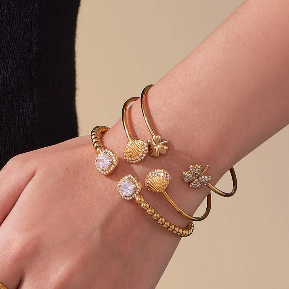 1 pezzo squisito braccialetti da donna in acciaio inossidabile con conchiglia, impermeabili, color oro e zirconi