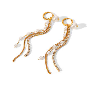 1 Pair Luxurious Series Tassel Stainless Steel Waterproof Gold Color Zircon Dangle Earrings h5