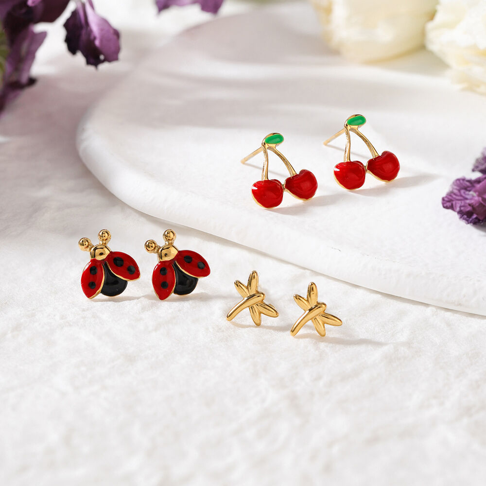 1 Set Vivid Cherry Stainless Steel Waterproof Gold Color Women's Earring Sets h5Picture5