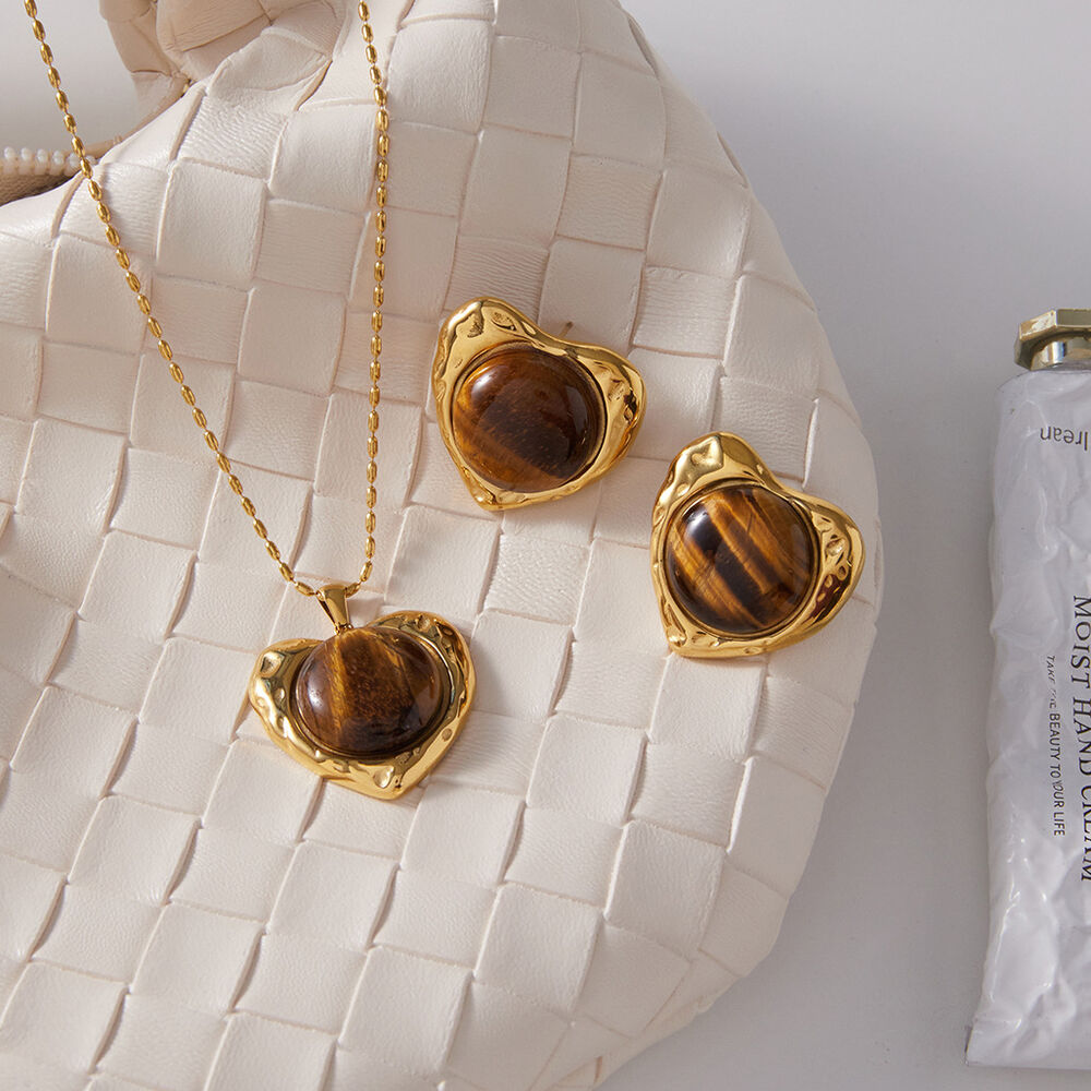 Classic Heart Stainless Steel Waterproof Gold Color Natural Stone Women's Jewelry Sets Picture3