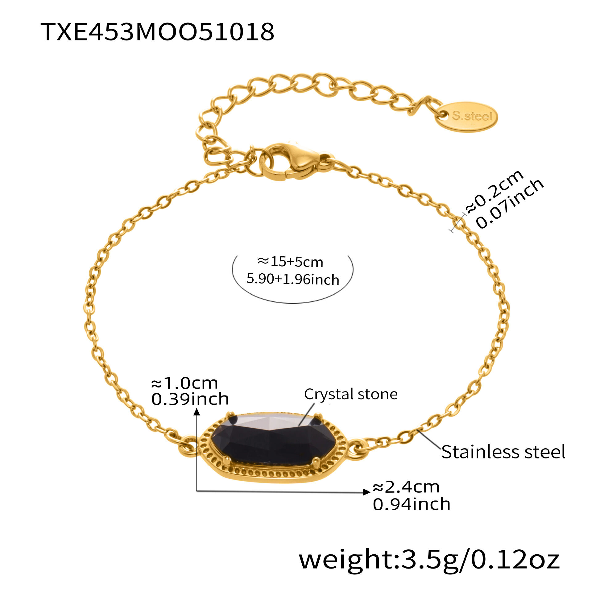 Txe453-Black Stone Bracelet 15+5Cm Picture2