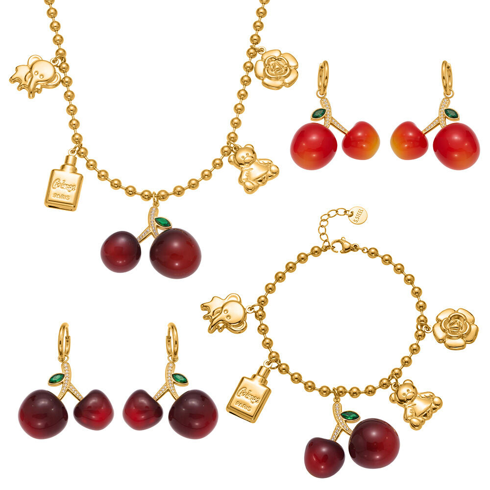 Sweet Cherry Stainless Steel Waterproof Gold Color Zircon Women's Jewelry Sets h5 Picture5