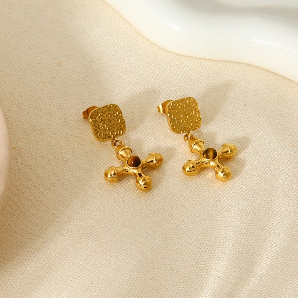 1 Pair Retro Cross Stainless Steel Waterproof Gold Color Natural Stone Drop Earrings h5 Picture4