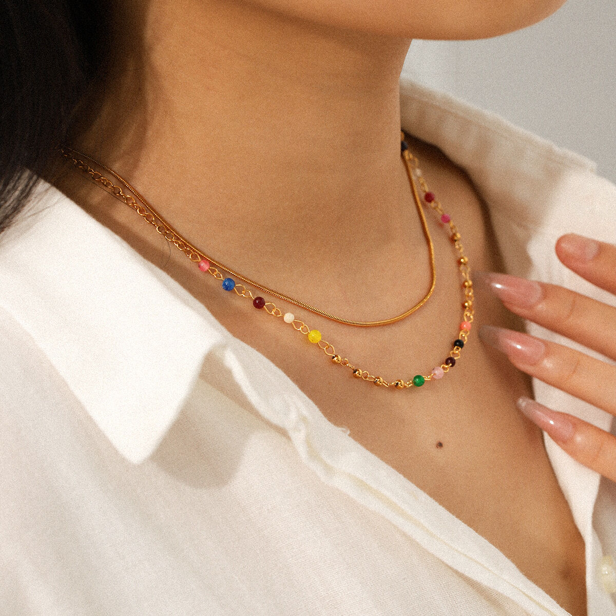 1 Piece Simple Beads Stainless Steel Waterproof Gold Color Layered Necklace Picture3
