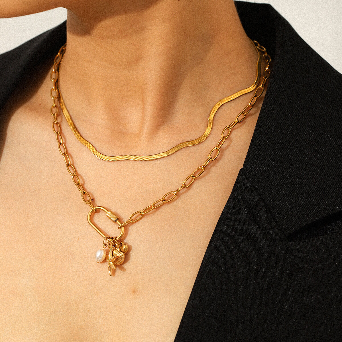 1 Piece Stainless Steel Waterproof Gold Color Oceanic Pendant Necklace