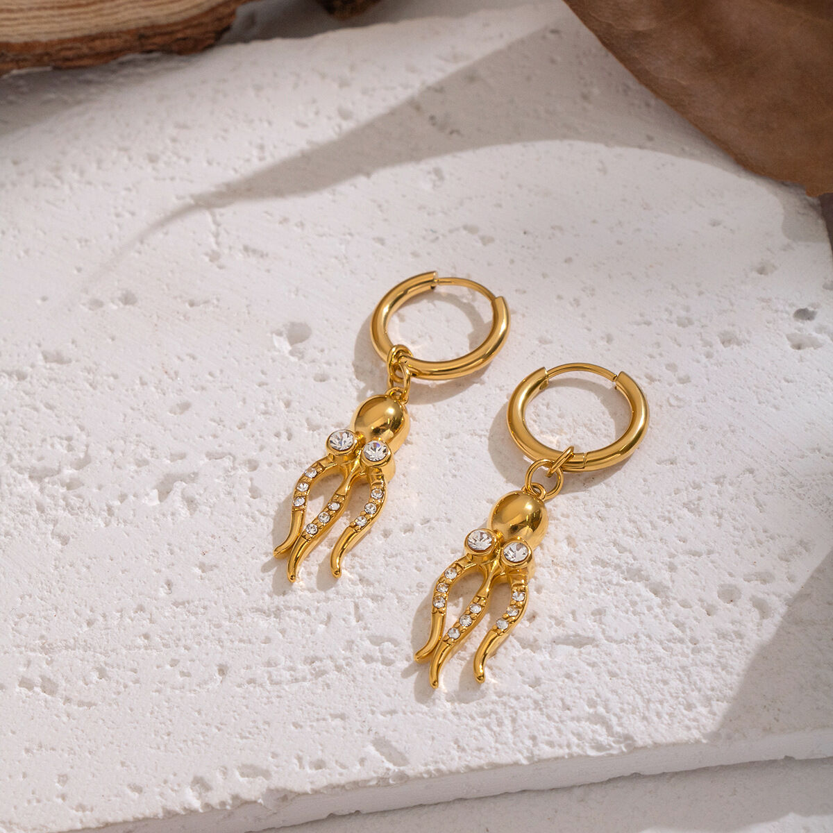 1 Pair Octopus Shape Stainless Steel Waterproof Gold Color Zircon Drop Earrings Picture2