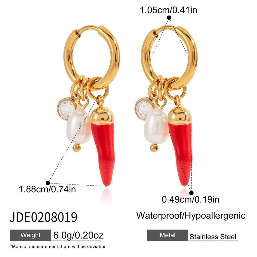 1 par de pendientes colgantes clásicos de acero inoxidable con chile rojo, resistentes al agua y color dorado para mujer. h5Imagen2