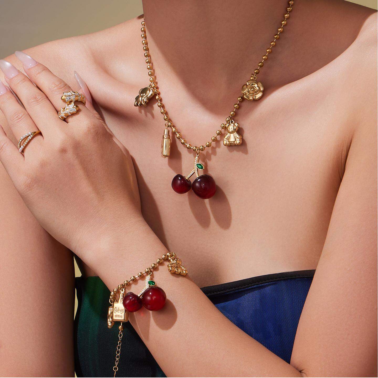 Sweet Cherry Stainless Steel Waterproof Gold Color Zircon Women's Jewelry Sets