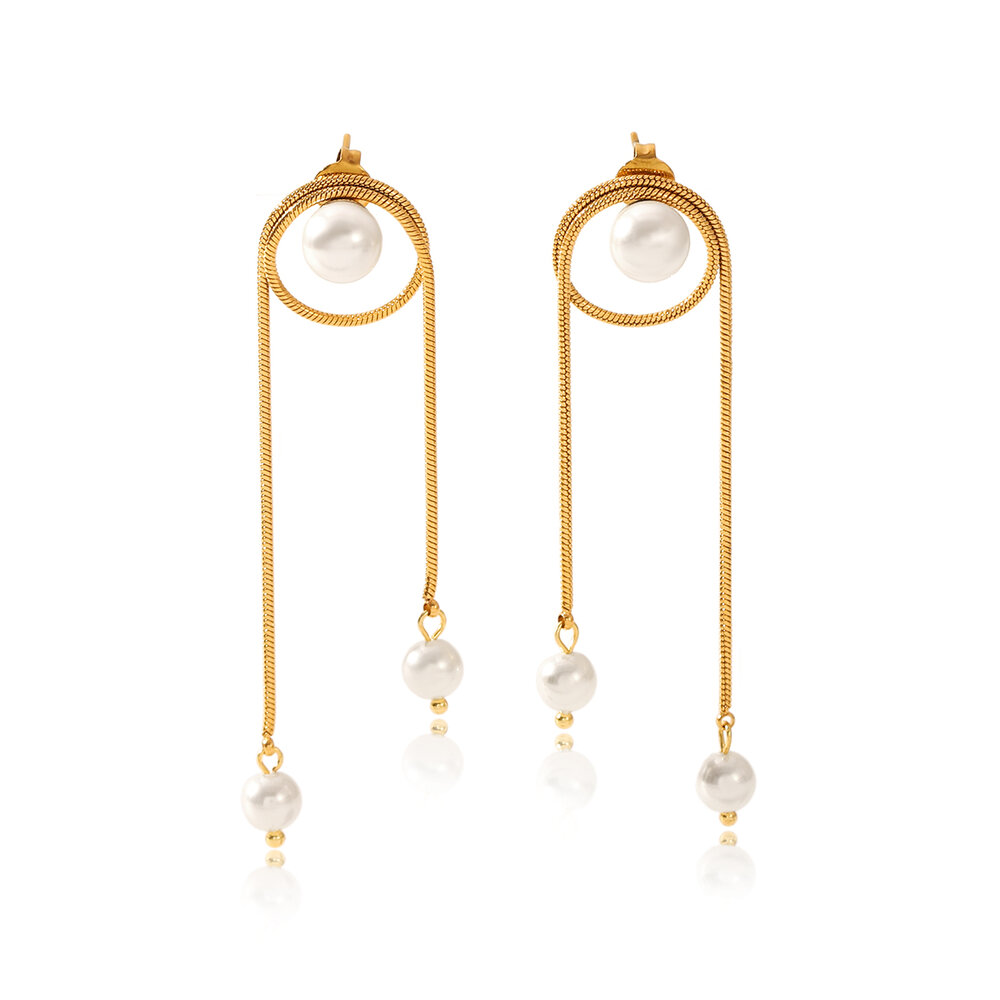 1 Pair Tassel Stainless Steel Waterproof Gold Color Pearl Dangle Earrings