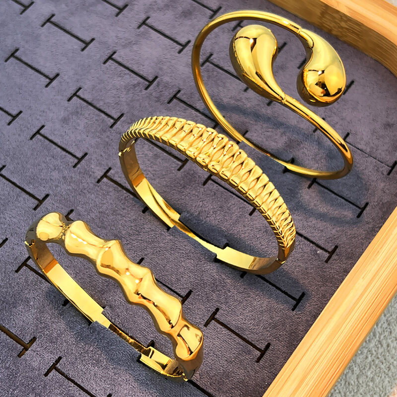 Bracelet jonc en acier inoxydable de forme irrégulière, étanche, couleur or (1 pièce) 2
