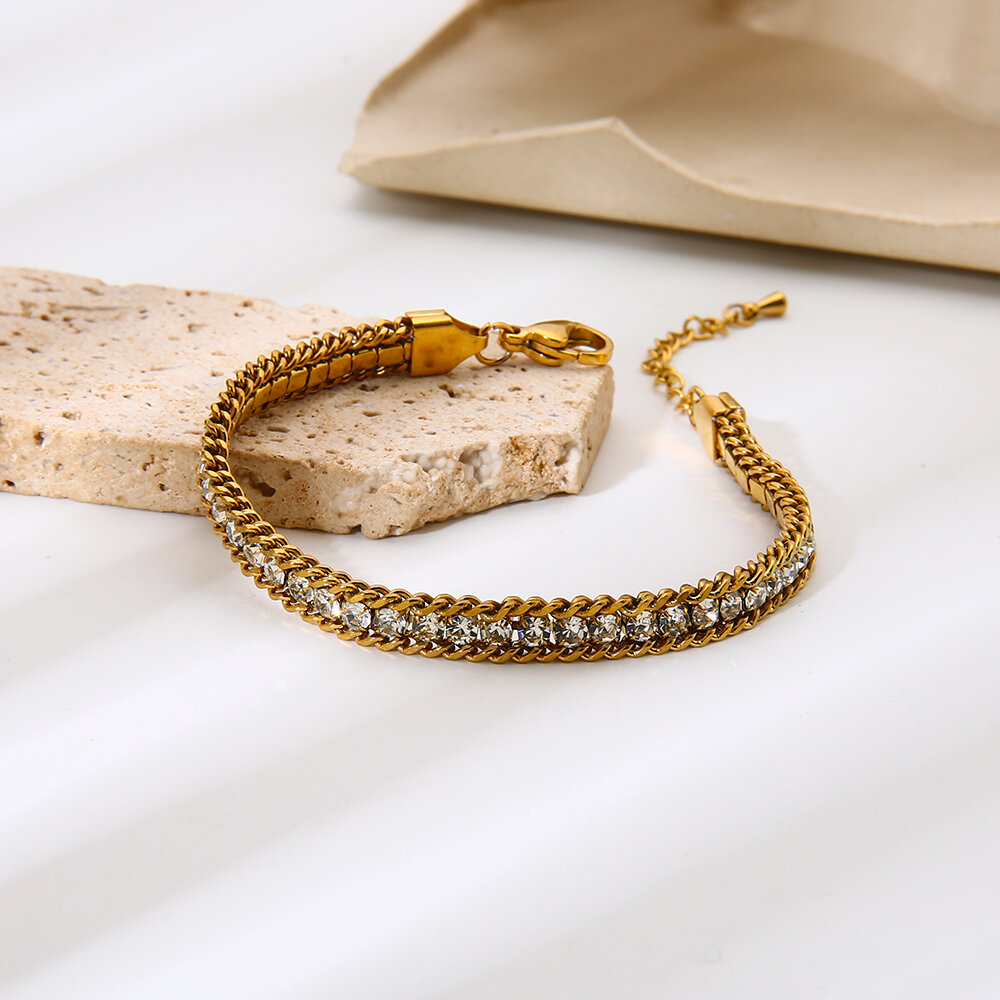 Braccialetti da donna con catena classica in acciaio inossidabile e zirconi impermeabili, 1 pezzo