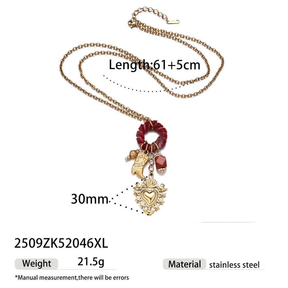 Heart Stainless Steel Waterproof Velvet Circle Gold Color Natural Stone Necklace Set