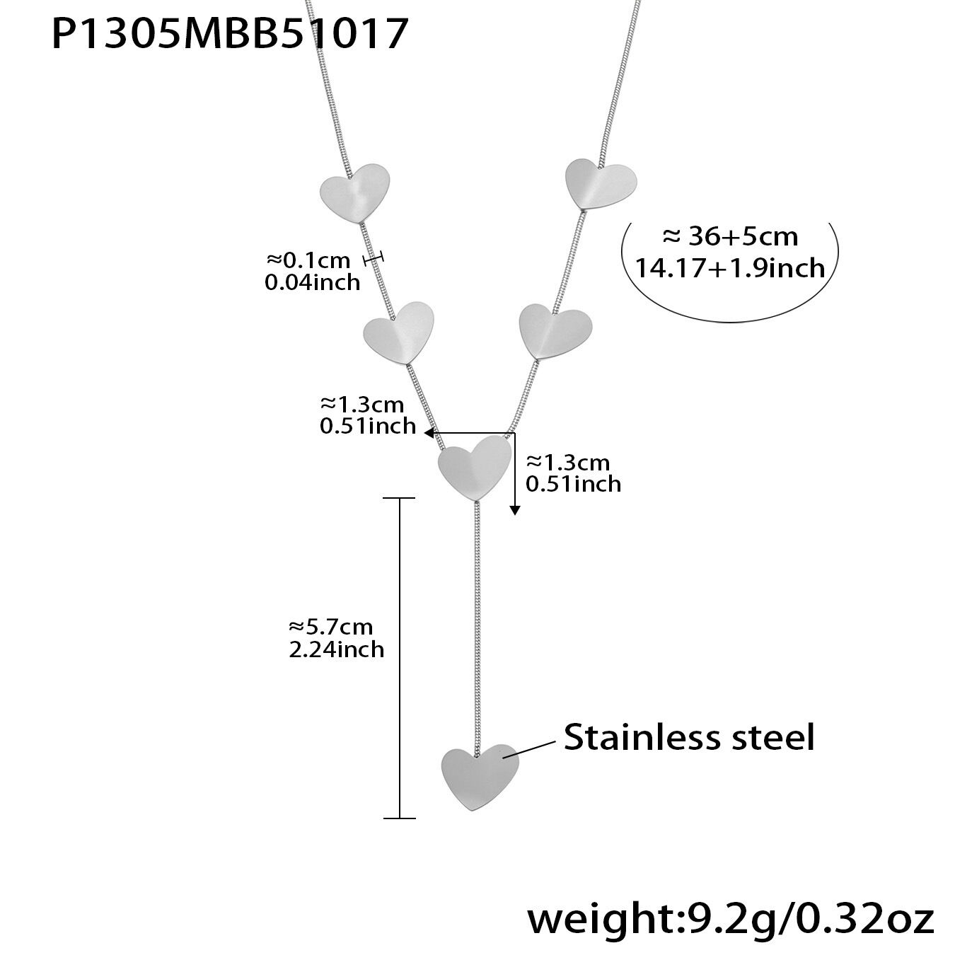 P1305-Stalen Y-vormige hartketting 36+5cm Afbeelding2