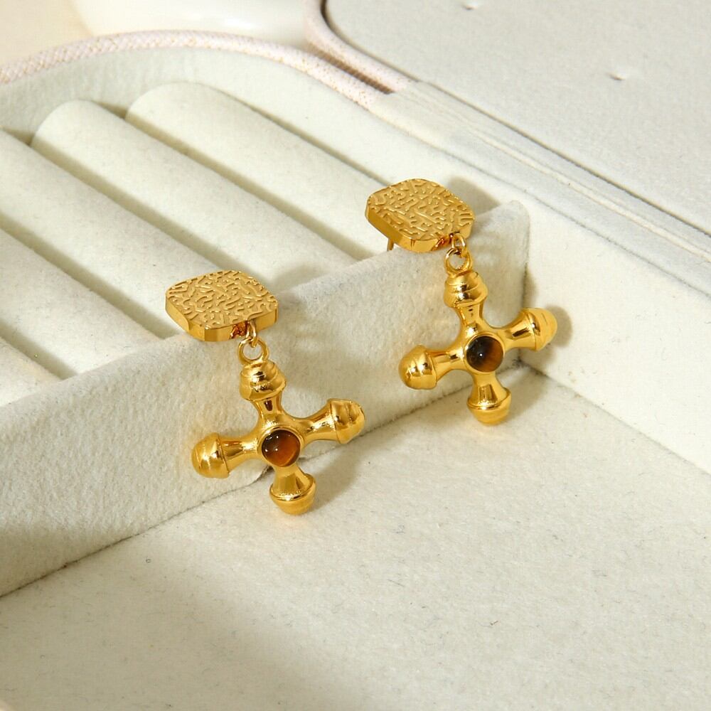 1 Pair Retro Cross Stainless Steel Waterproof Gold Color Natural Stone Drop Earrings h5 Picture3
