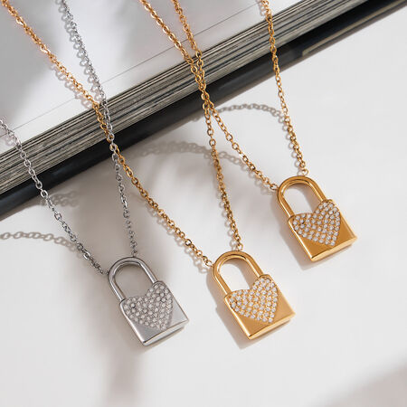 1 Piece Sparkling Lock Stainless Steel Waterproof Gold Color Zircon Women's Pendant Necklaces 2