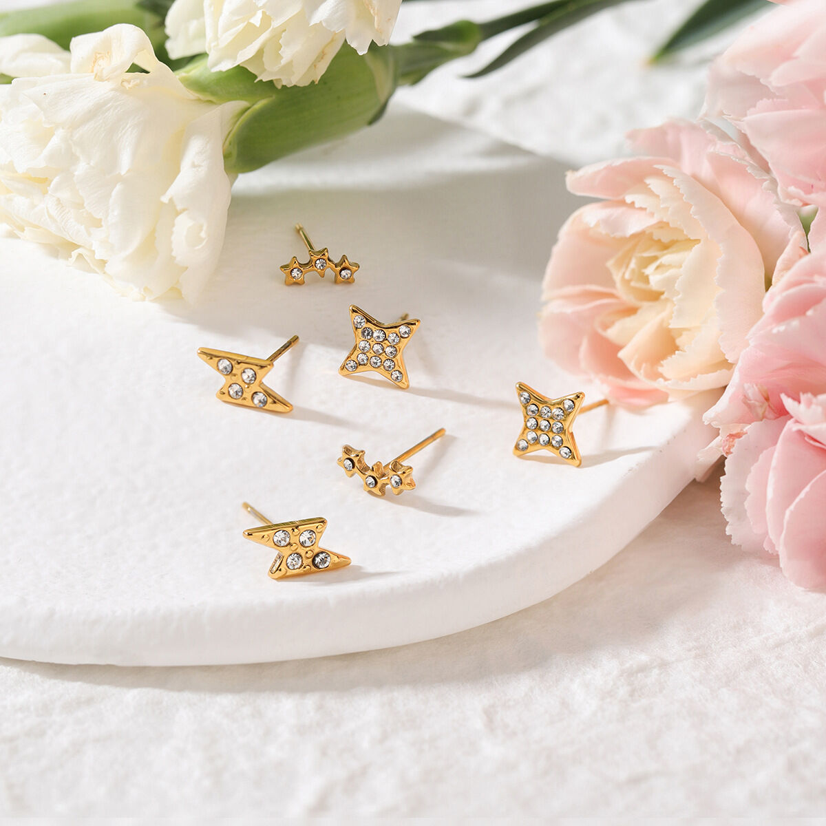 1 Set Classic Star Stainless Steel Waterproof Gold Color Zircon Women's Earring Sets 2