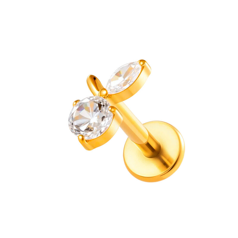 1 Piece Shining Bow Knot Star Fish Titanium Alloy Gold Color Zircon Women's Piercing Earrings