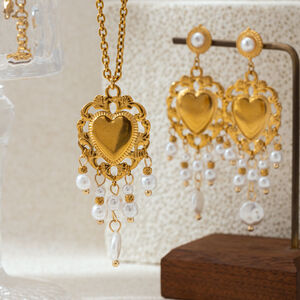 Heart Stainless Steel Waterproof Gold Color Tassel Pearl Necklaces Set h5 Picture2
