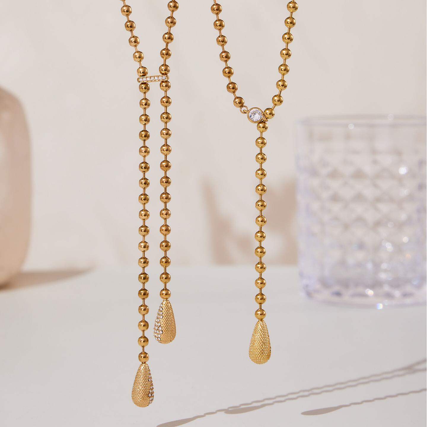 Luxurious Droplet Stainless Steel Waterproof Gold Color Zircon Women's Jewelry Sets h5 Picture5