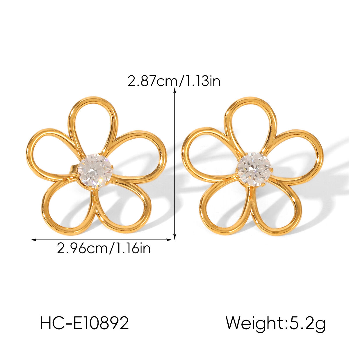 1 paire de boucles d'oreilles à clous en acier inoxydable doré, imperméables, avec zircon et motif floral Image2